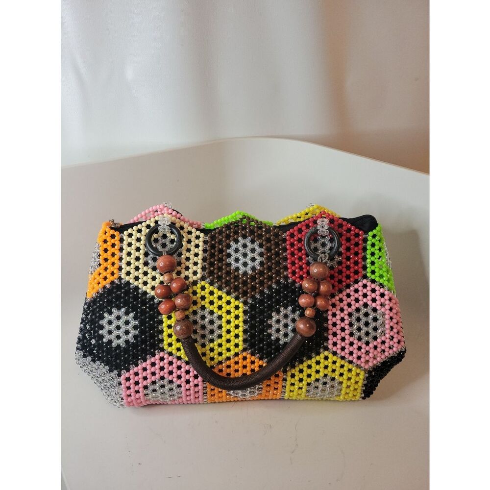 Adorable Large Handmade Colorful Beaded Hexagon Pattern Women's Handbag